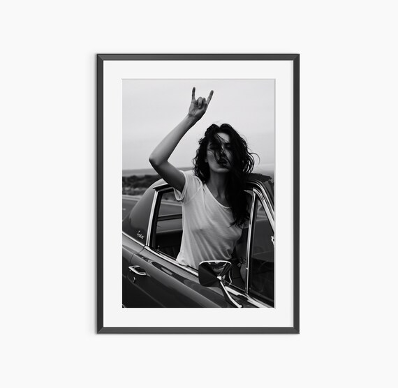 Rock On Rebel Woman Classic Car Black and White Photo Poster