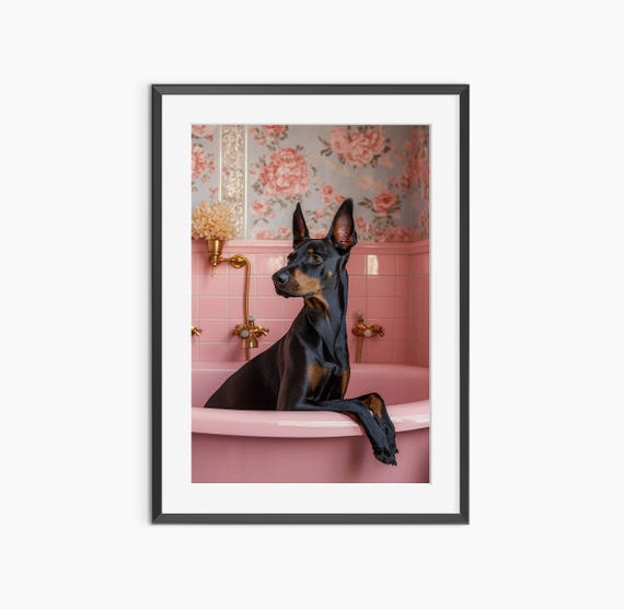 Doberman In Bathtub Photography Prints Bathroom Wall Art Funny Poster Nursery Dog Print Museum Quality