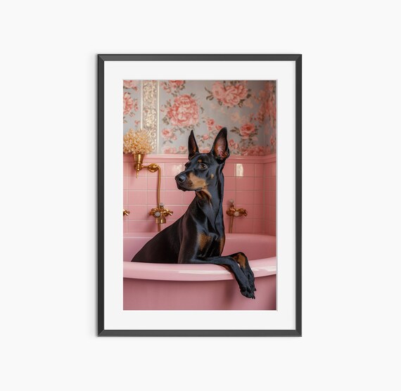 Doberman in Pink Bathtub Retro Bathroom Funny Dog Photo Poster
