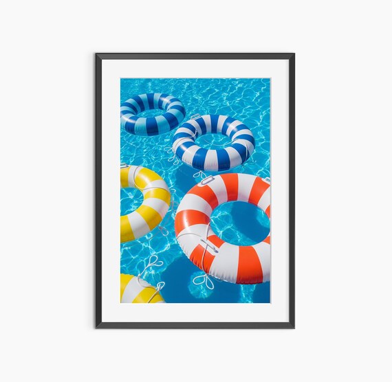 Colorful Striped Pool Floats in Blue Swimming Pool Summer Photo Poster