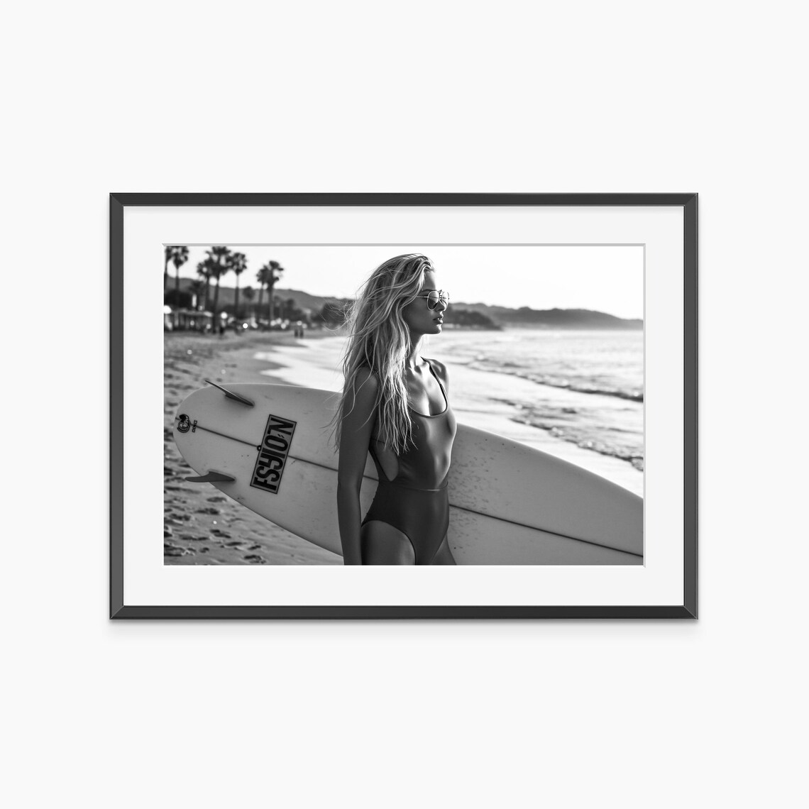 Surfer Girl Holding Surfboard Black And White Beach Photo Print