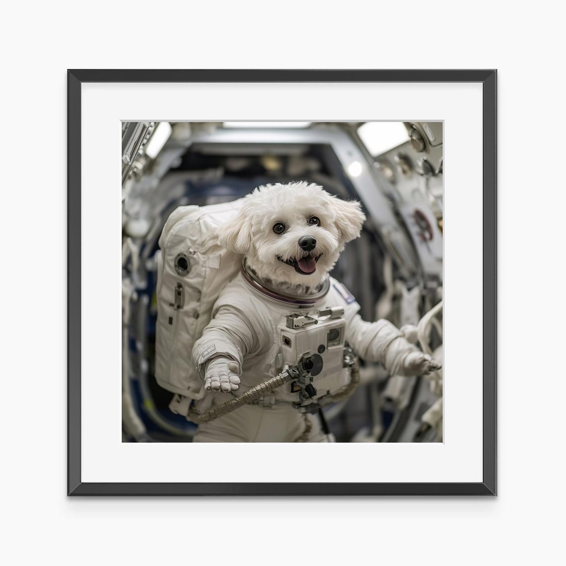 Cute White Dog Astronaut Space Station Funny Photography Poster