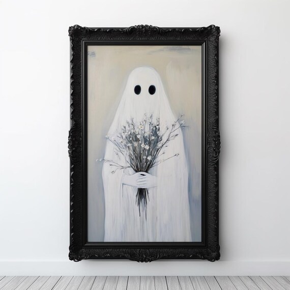 Cute Sheet Ghost Holding Wildflowers Halloween Painting Wall Art