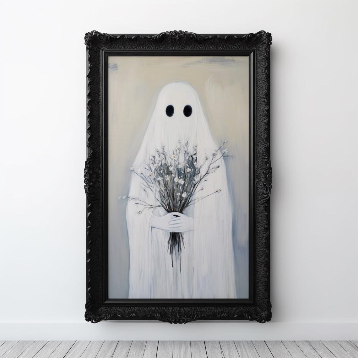 Cute Sheet Ghost Holding Wildflowers Halloween Painting Wall Art