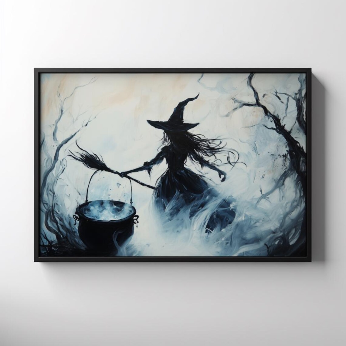 Witch Stirring Cauldron in Misty Forest Gothic Spell Art Poster