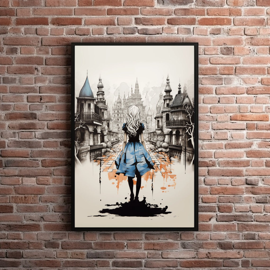 Alice Medieval Wonderland Print Dark City Girl Wall Art Gothic Watercolor Ink Painting New Home Gift Fantasy Poster Cityscape