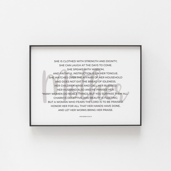 Mother Script Overlay Proverbs 31:25-31 Horizontal Scripture Poster
