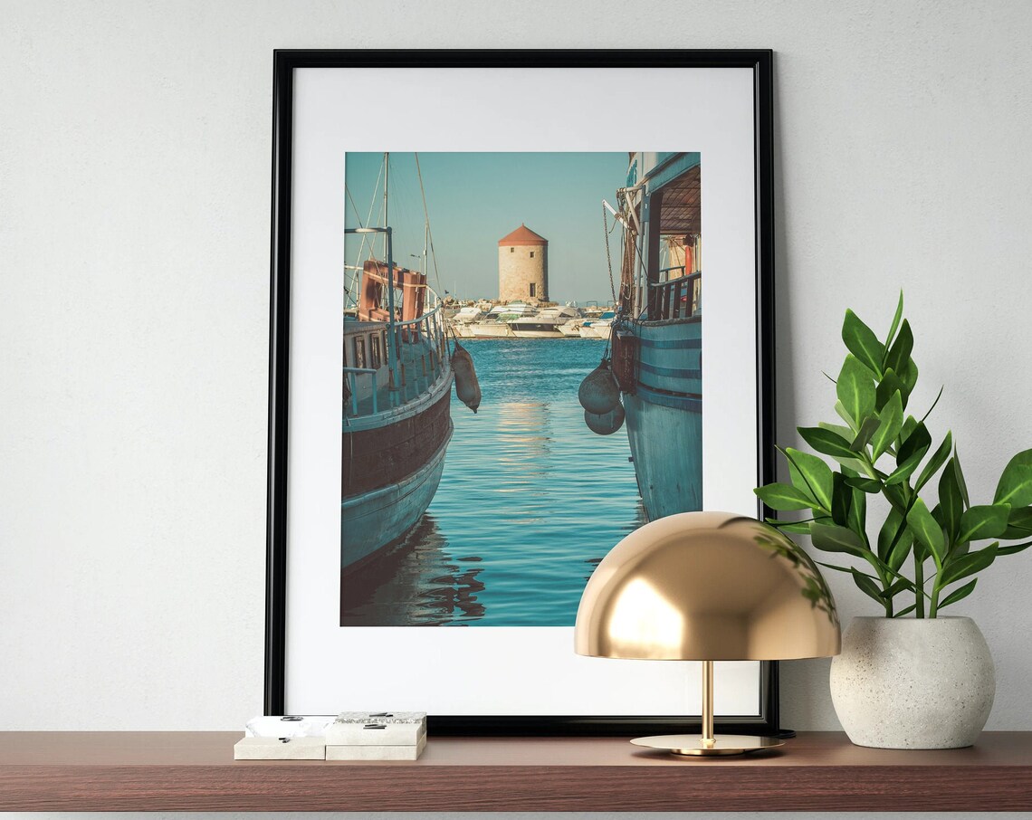 Rhodes Harbor Boats Windmill Tower Greece Photography Poster - Image 3