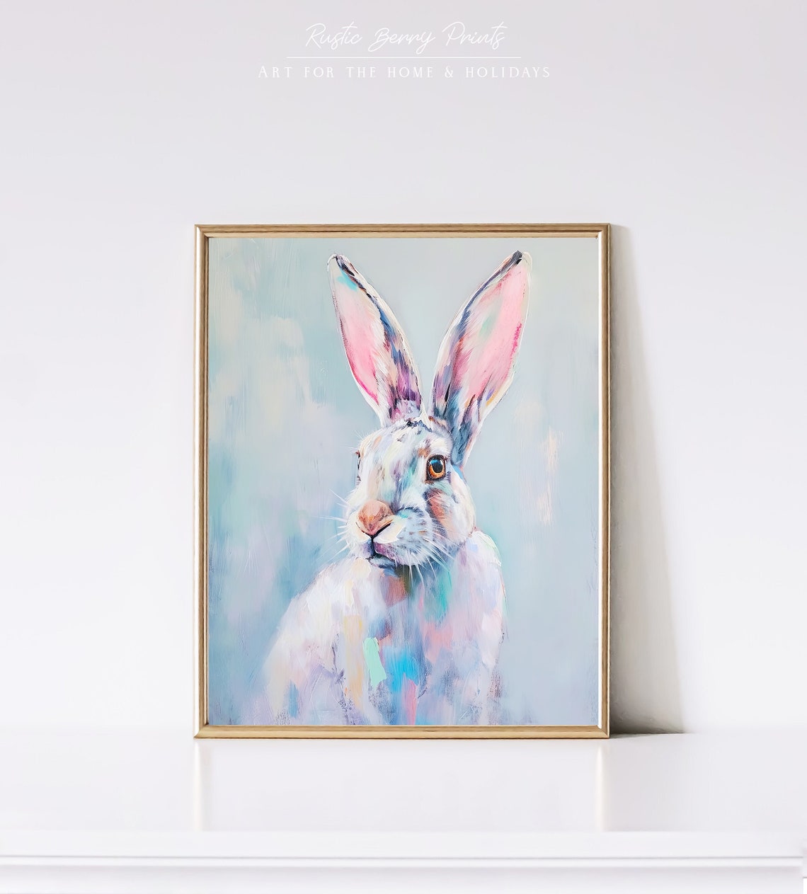 Pastel Bunny Rabbit Portrait Blue Pink Painterly Nursery Art Poster