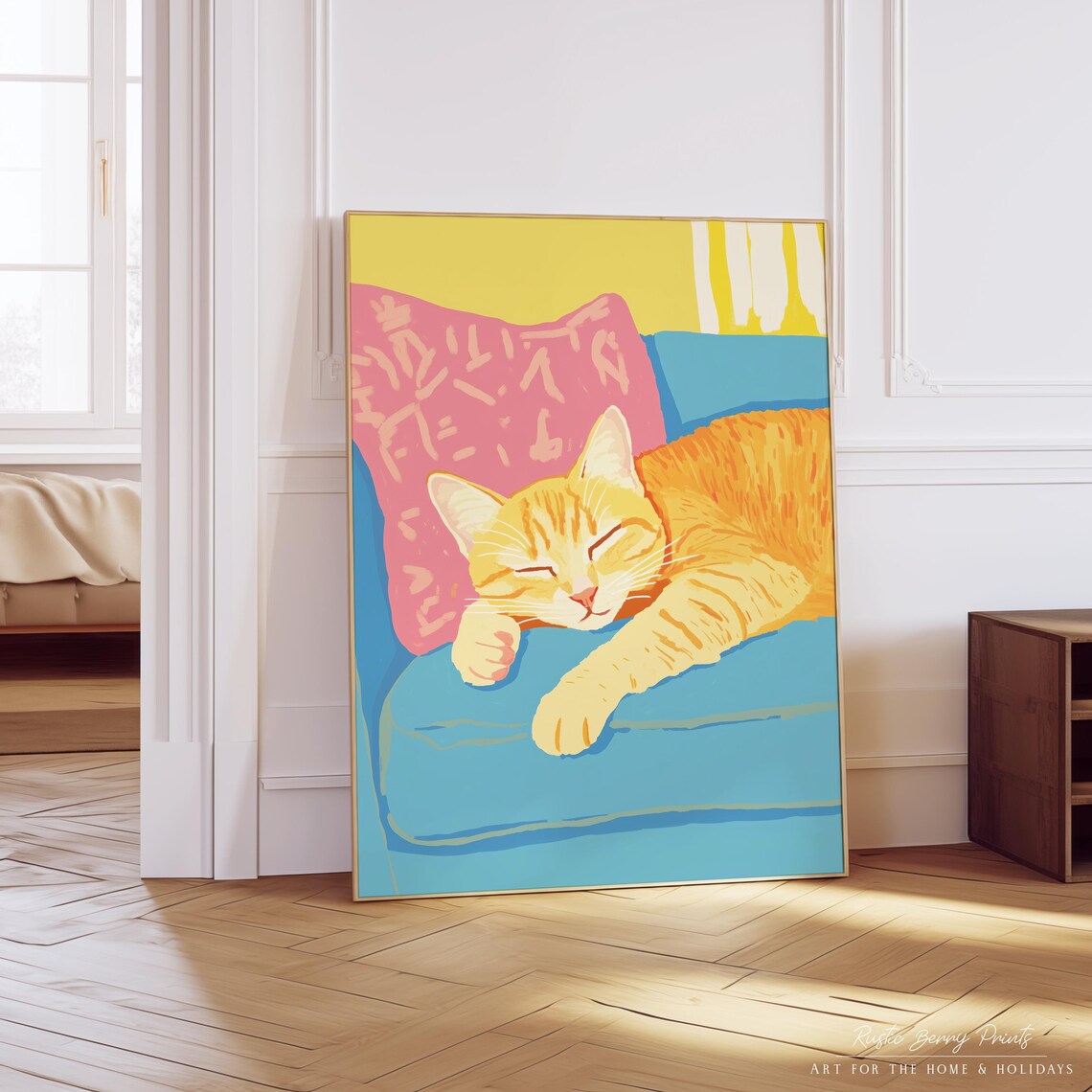 Sleeping Orange Tabby Cat on Blue Couch Pop Art Watercolor Poster