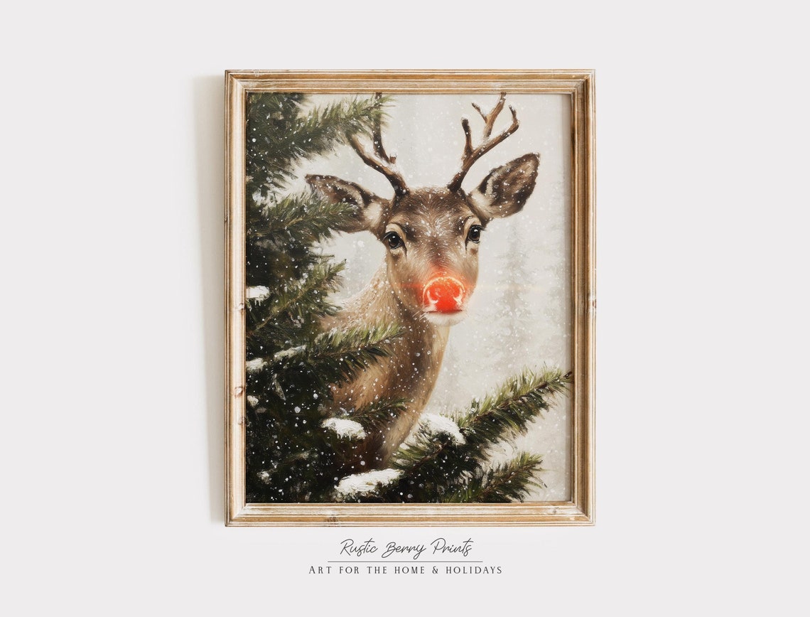 Red Nose Reindeer Peeking From Snowy Pine Branches Winter Scene Poster