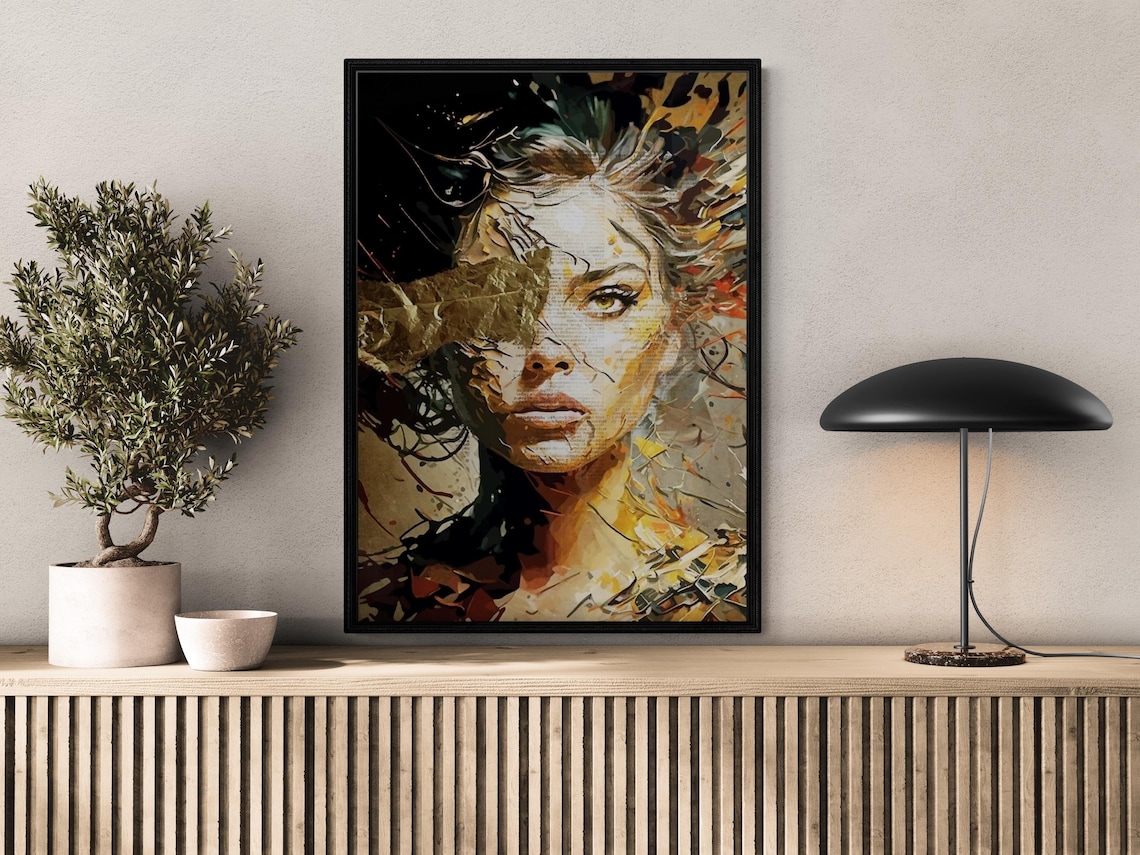 Gold Detailed Woman Portrait, Elegant Female Painting