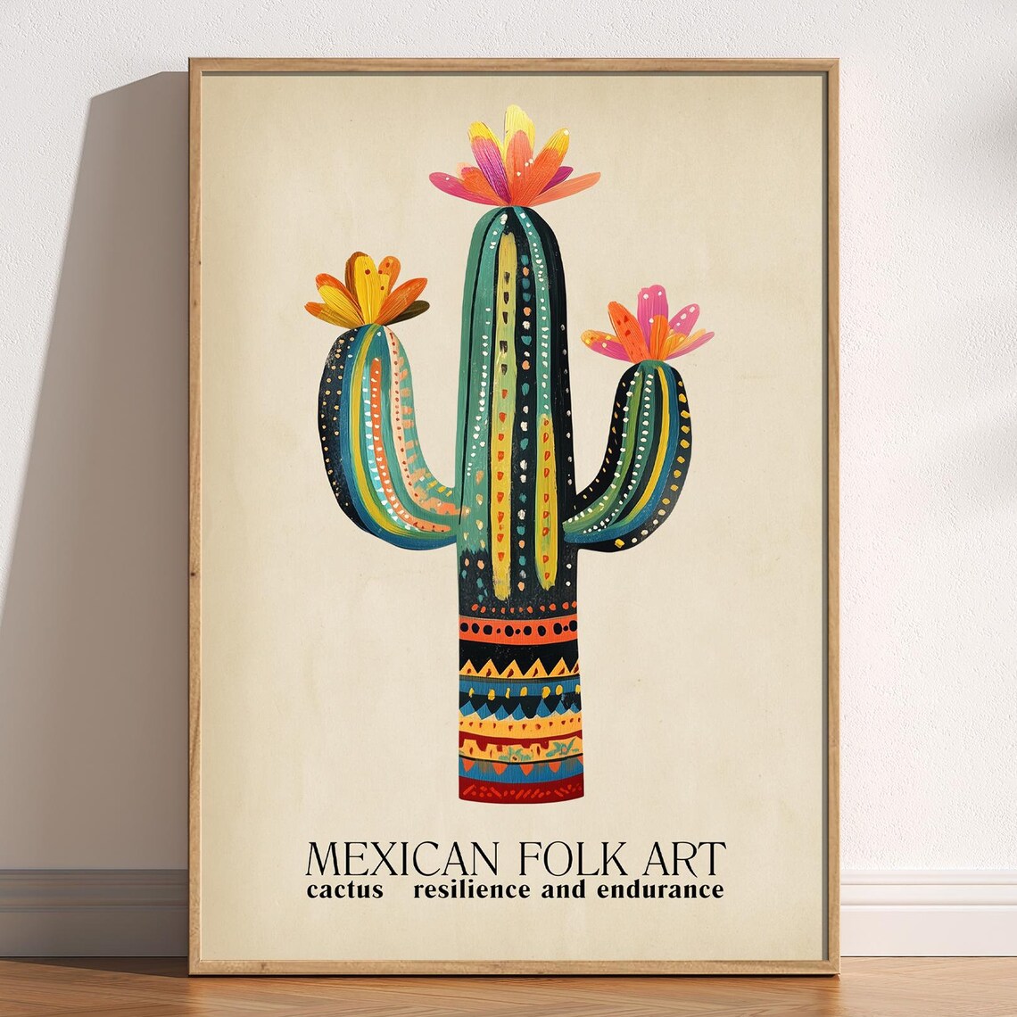 Mexican Cactus Folk Art Poster, Vintage Style