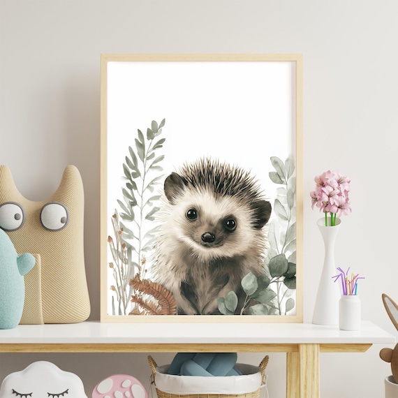 Cute Hedgehog Watercolor Nursery Art Poster Botanical Eucalyptus