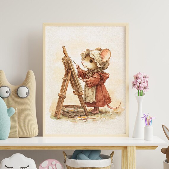 Little Mouse Artist Painting At Easel Watercolor Nursery Print