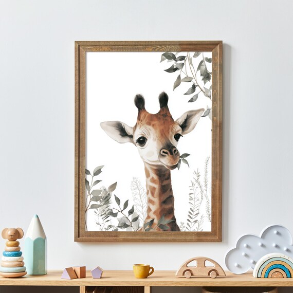 Baby Giraffe Watercolor Eucalyptus Leaves Soft Nursery Art Print