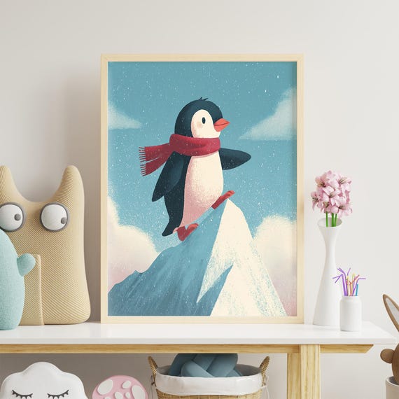Penguin Nursery Print Playful Kids Room Art
