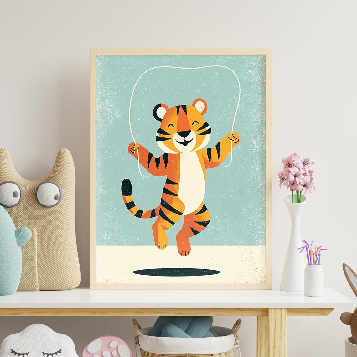 Happy Tiger Cub Skipping Rope Retro Cartoon Nursery Kids Room Wall Art