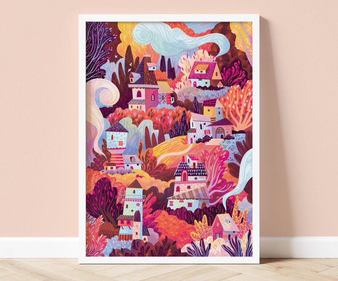 Cozy Houses Whimsical Fairy Tale Village Art Print