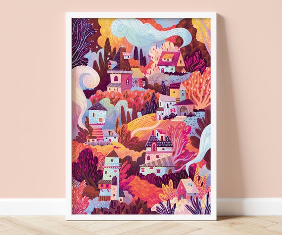 Cozy Houses Whimsical Fairy Tale Village Art Print