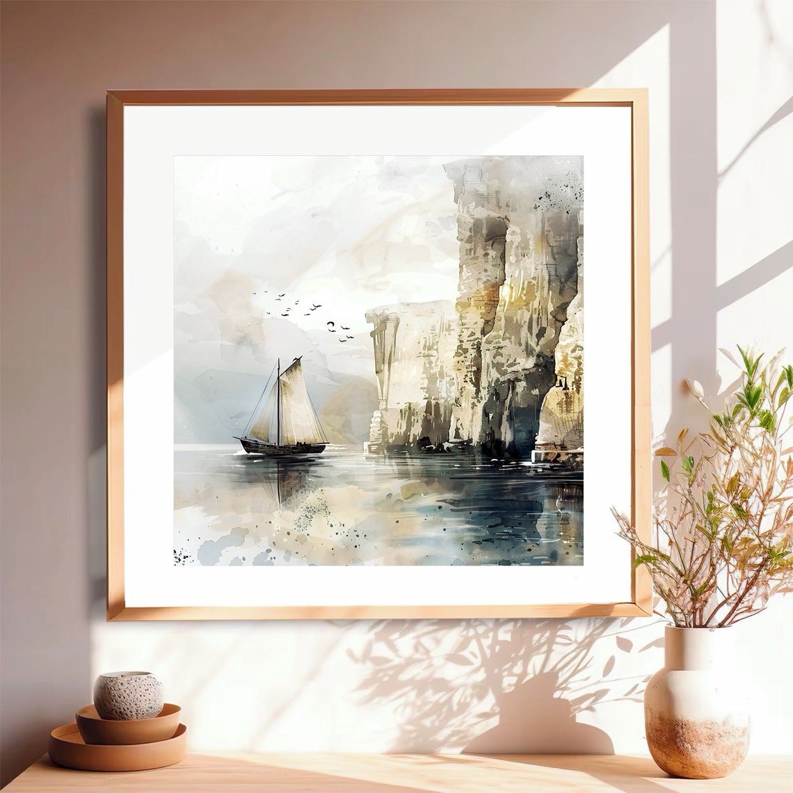 Sailboat by White Cliffs Watercolor with Birds Seascape Poster - Image 3