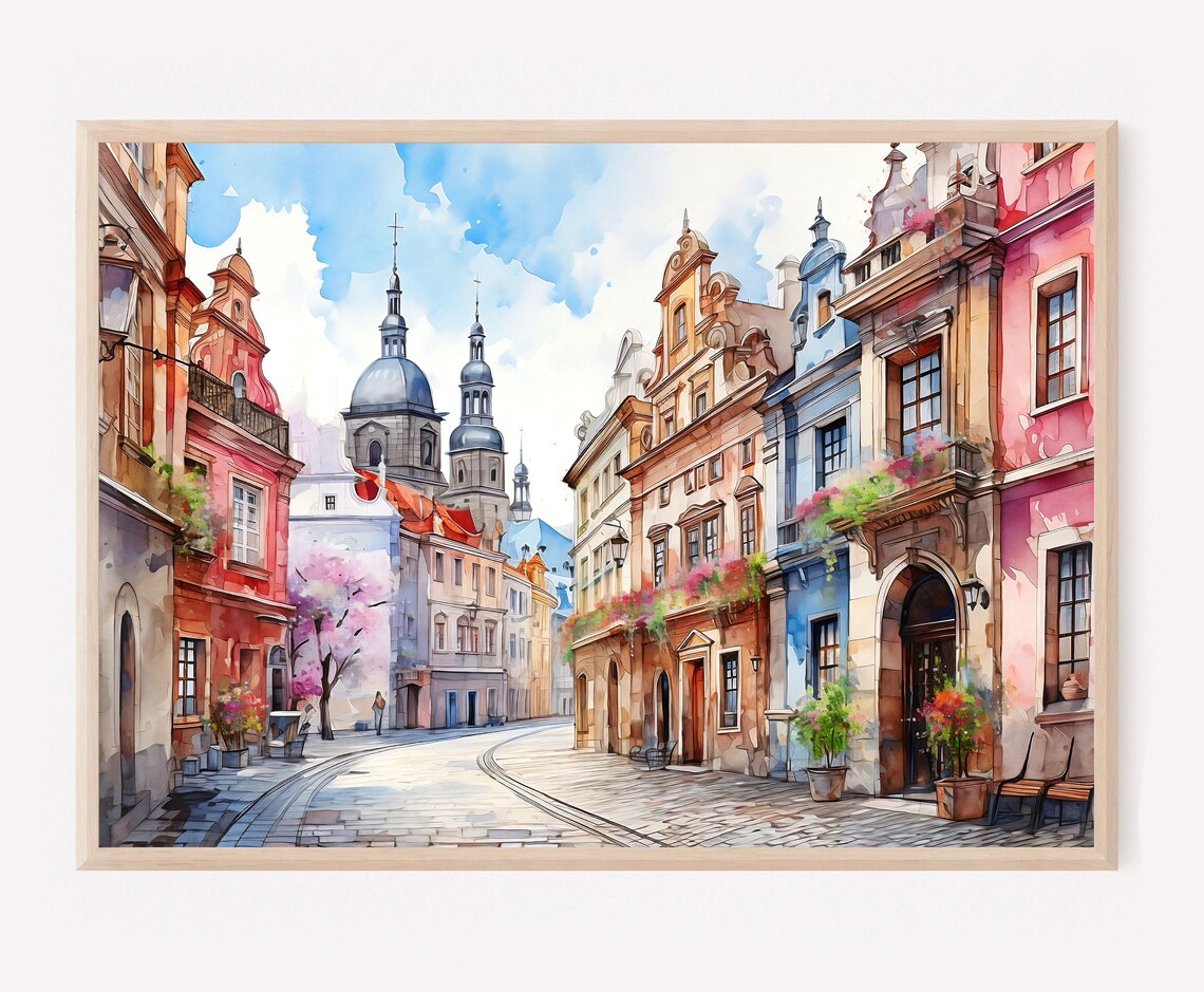Prague Old Town Colorful Street Watercolor Travel Art Poster