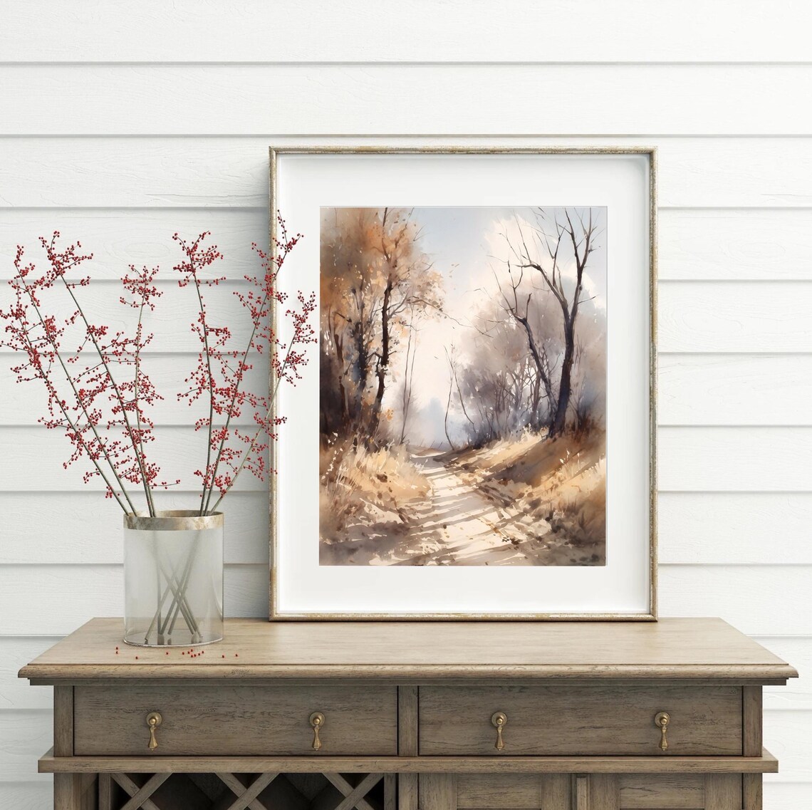 Sunlit Autumn Country Road Through Golden Trees Watercolor Nature Poster - Image 5