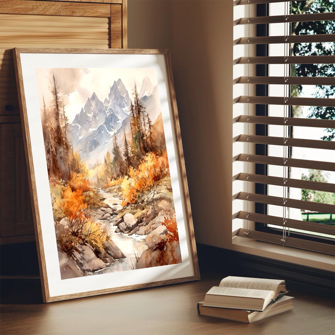 Autumn Forest Stream Winding Through Golden Trees Watercolor View Poster - Image 2