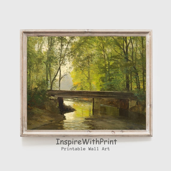 Realist Landscape Painting Artful Trees Wall Art Country Print Antique Wooden Bridge Calming Nature