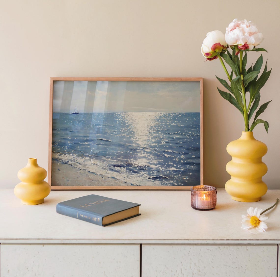 Sparkling Blue Ocean Waves Distant Sailboat Serene Seascape Art Print