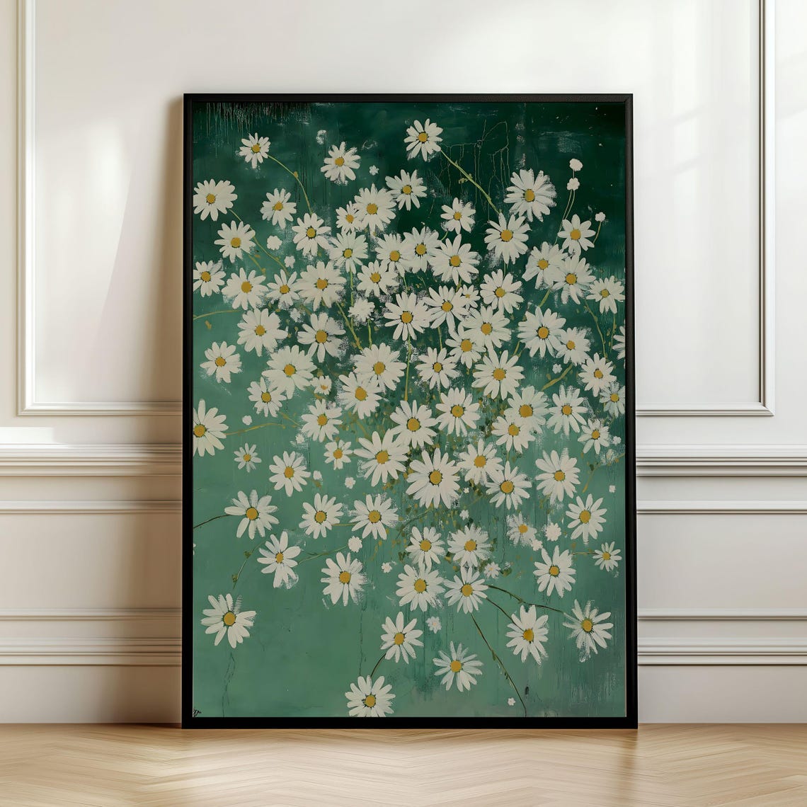 White Chamomile Daisies on Emerald Green Moody Botanical Art Poster