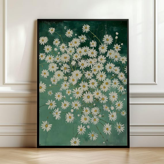 Chamomile Wall Art Emerald Green Moody White Flower Painting Cottage Core Decor Spring Vintage Style