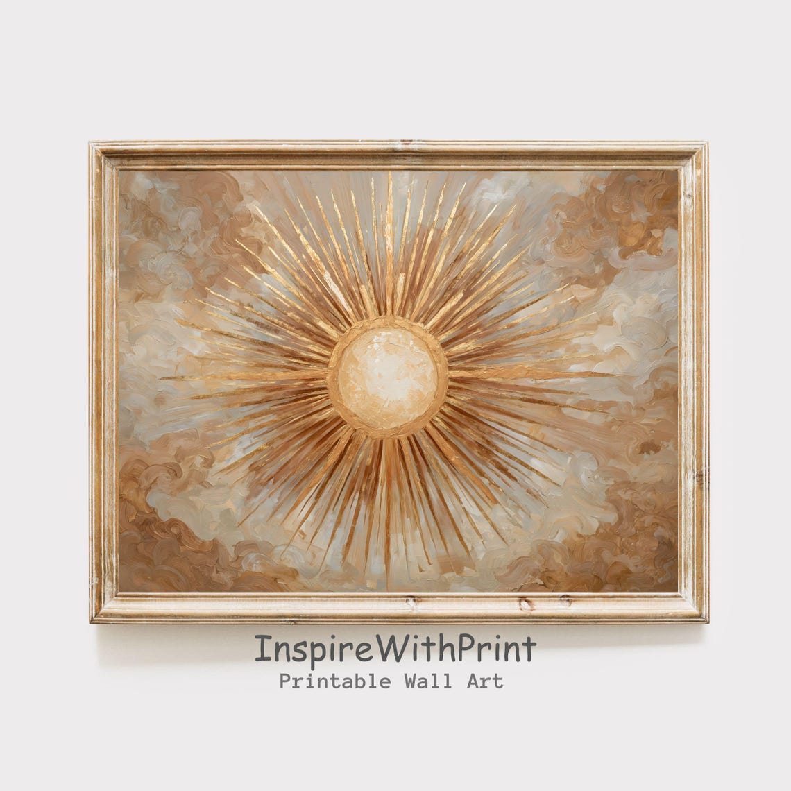 Golden Celestial Sunburst Radiant Over Beige Clouds Art Print