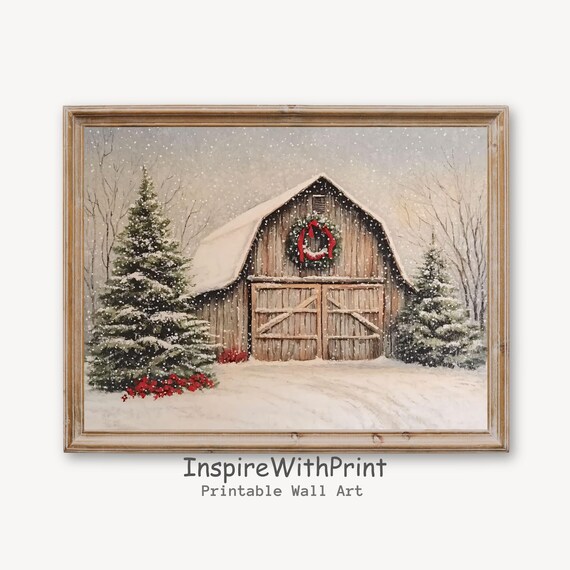 Snowy Christmas Barn Poster With Wreath And Evergreen Trees Art