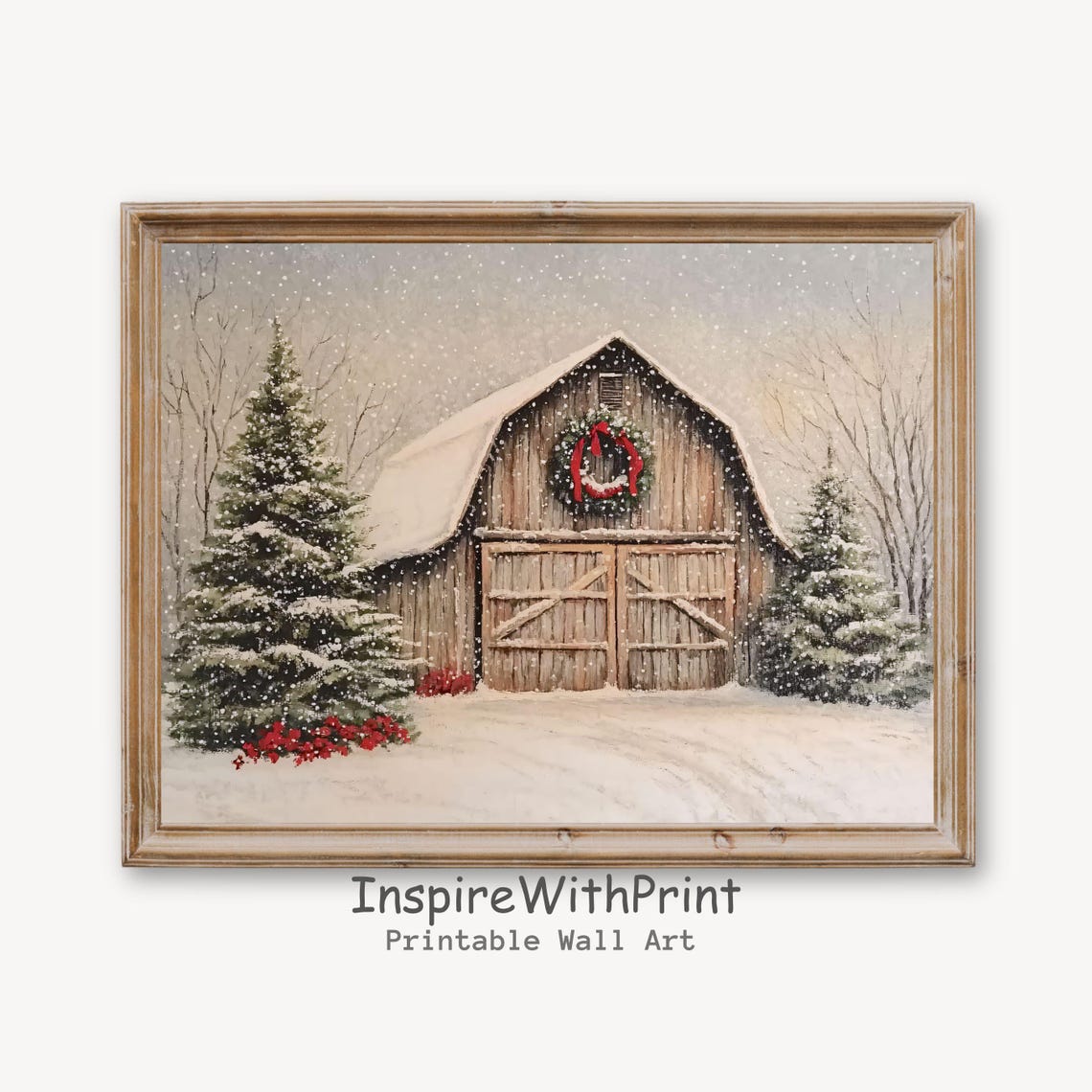 Snowy Christmas Barn Poster With Wreath And Evergreen Trees Art