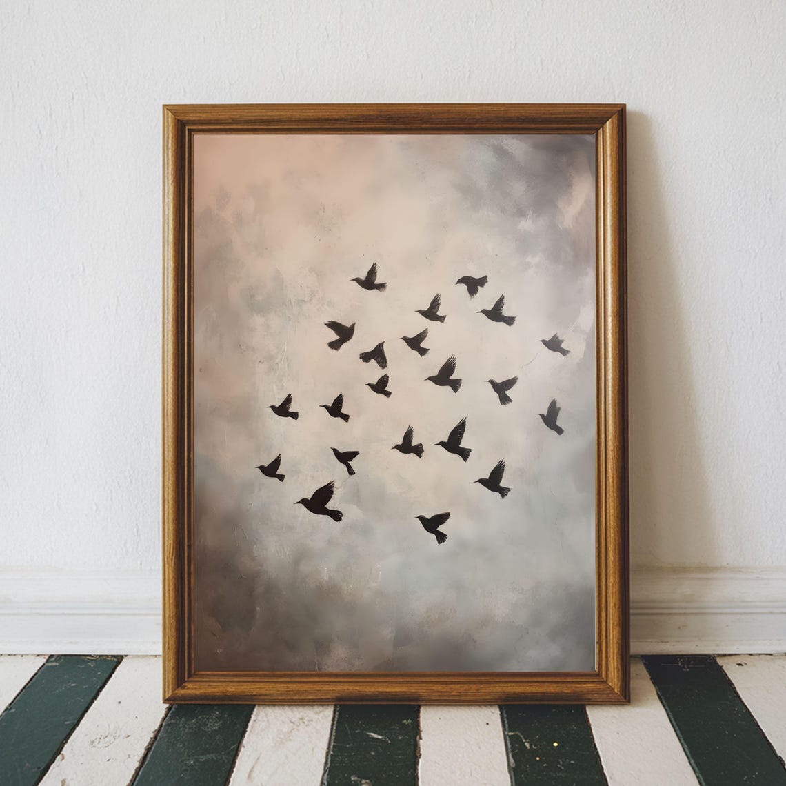 Flock Of Birds In Flight Silhouettes Across Soft Cloudy Sky Poster