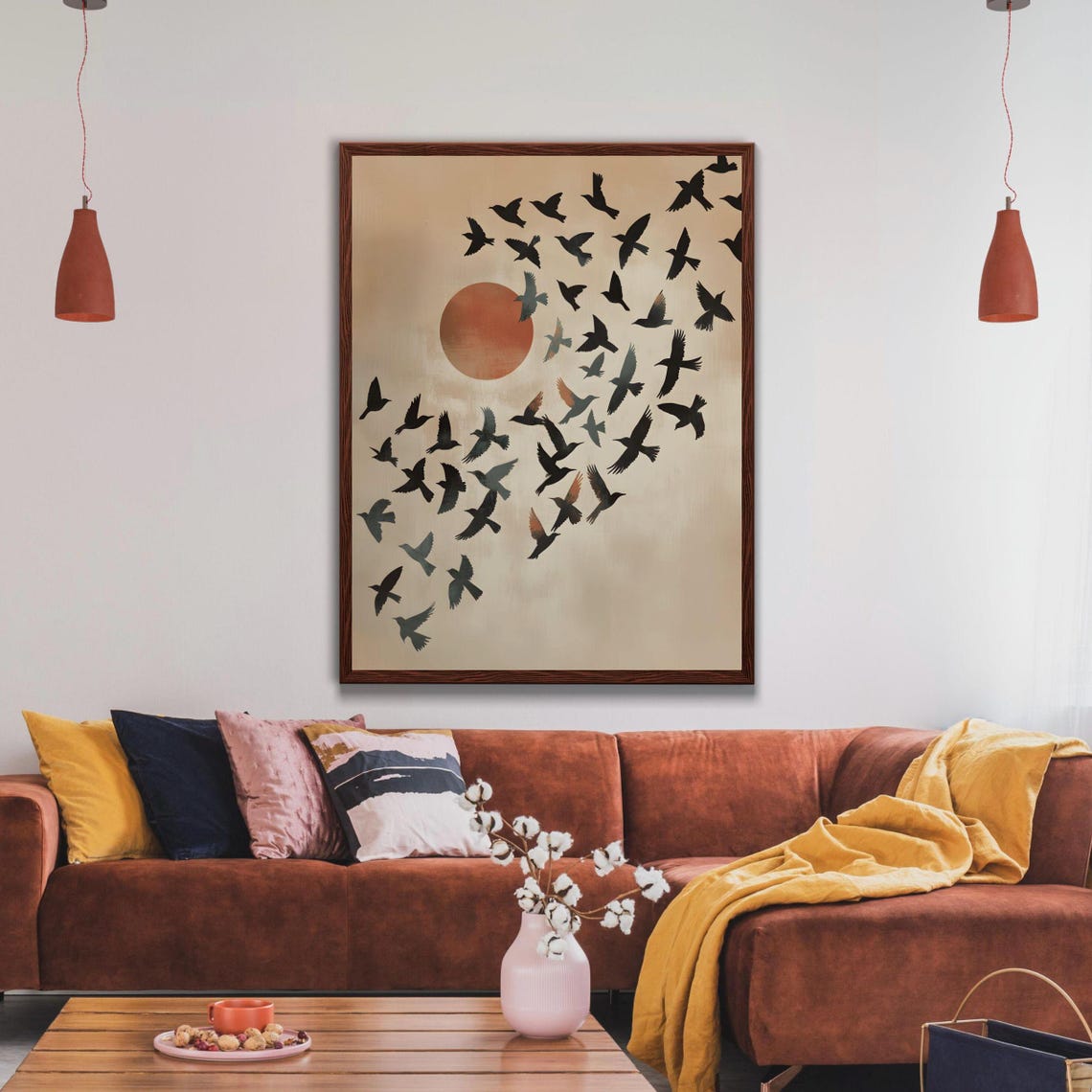 Flock Of Birds Flying Past Sun Poster Minimalist Japandi Wall Decor