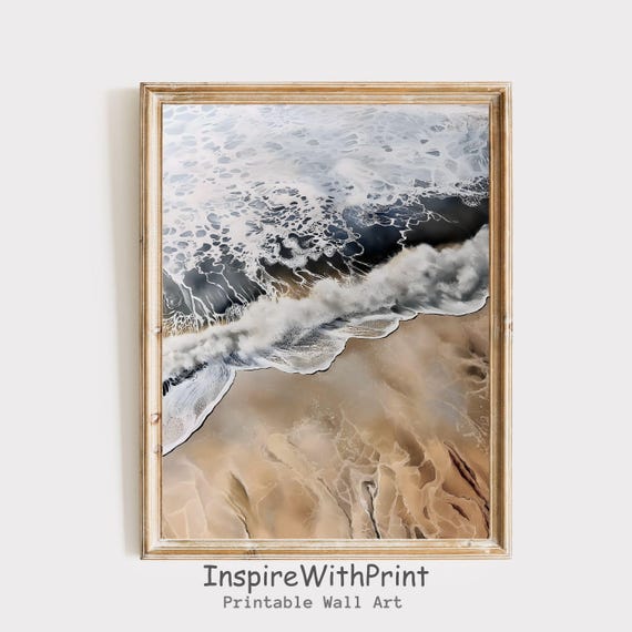 Rustic Coastal Landscape Wall Art Boho Beach Print Moody Ocean Wave Neutral Seascape Decor Waves Painting