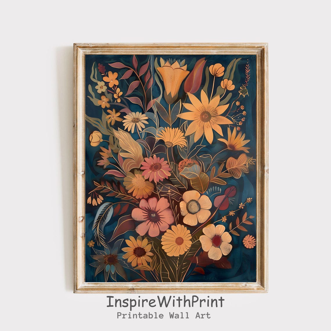 Orange Tulip Daisy Midcentury Wildflower Bouquet on Teal Poster