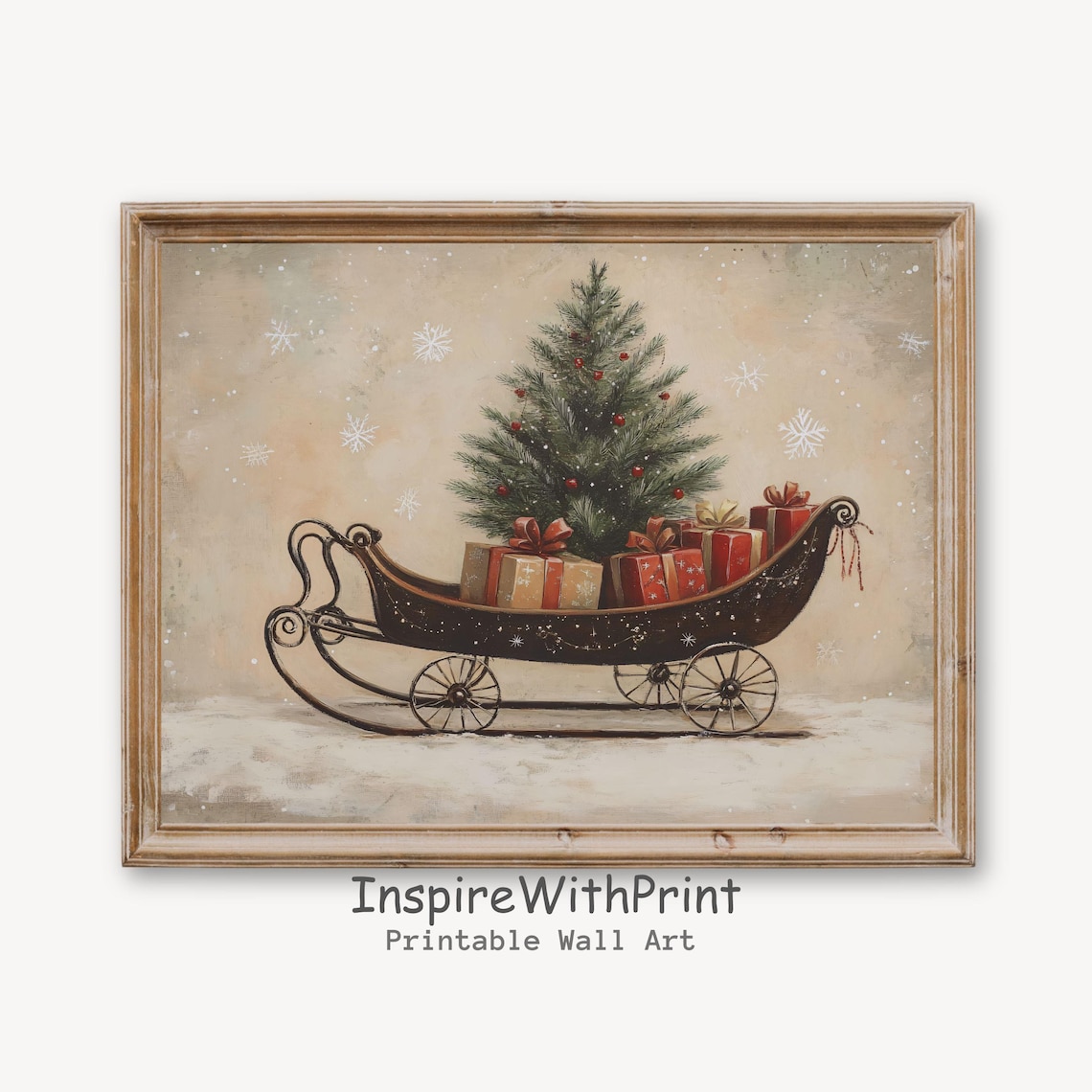 Vintage Christmas Sleigh With Tree and Gifts in Snow Winter Poster