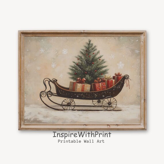 Vintage Christmas Sleigh With Tree and Gifts in Snow Winter Poster