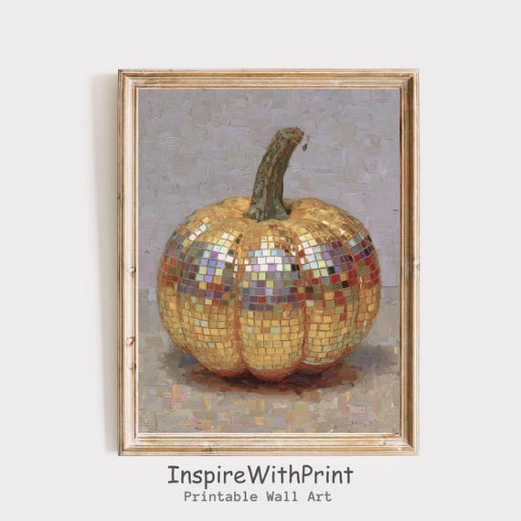 Pumpkin Disco Ball Print Retro Wall Art Girly Spooky Modern Trendy Autumn Halloween Poster Fall