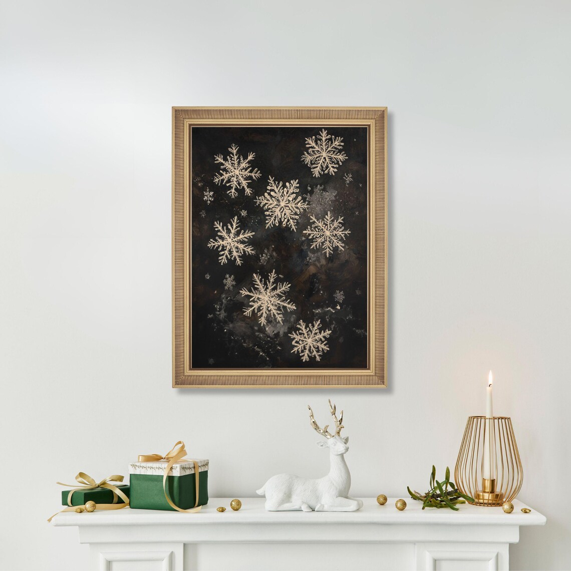 Snowflake Print Moody Christmas Art, Rustic Winter