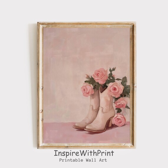 Coastal Cowgirl Boots Wall Art Floral Western Nursery Print Boot With Rose Flower Preppy Pink Coquette Dorm Room