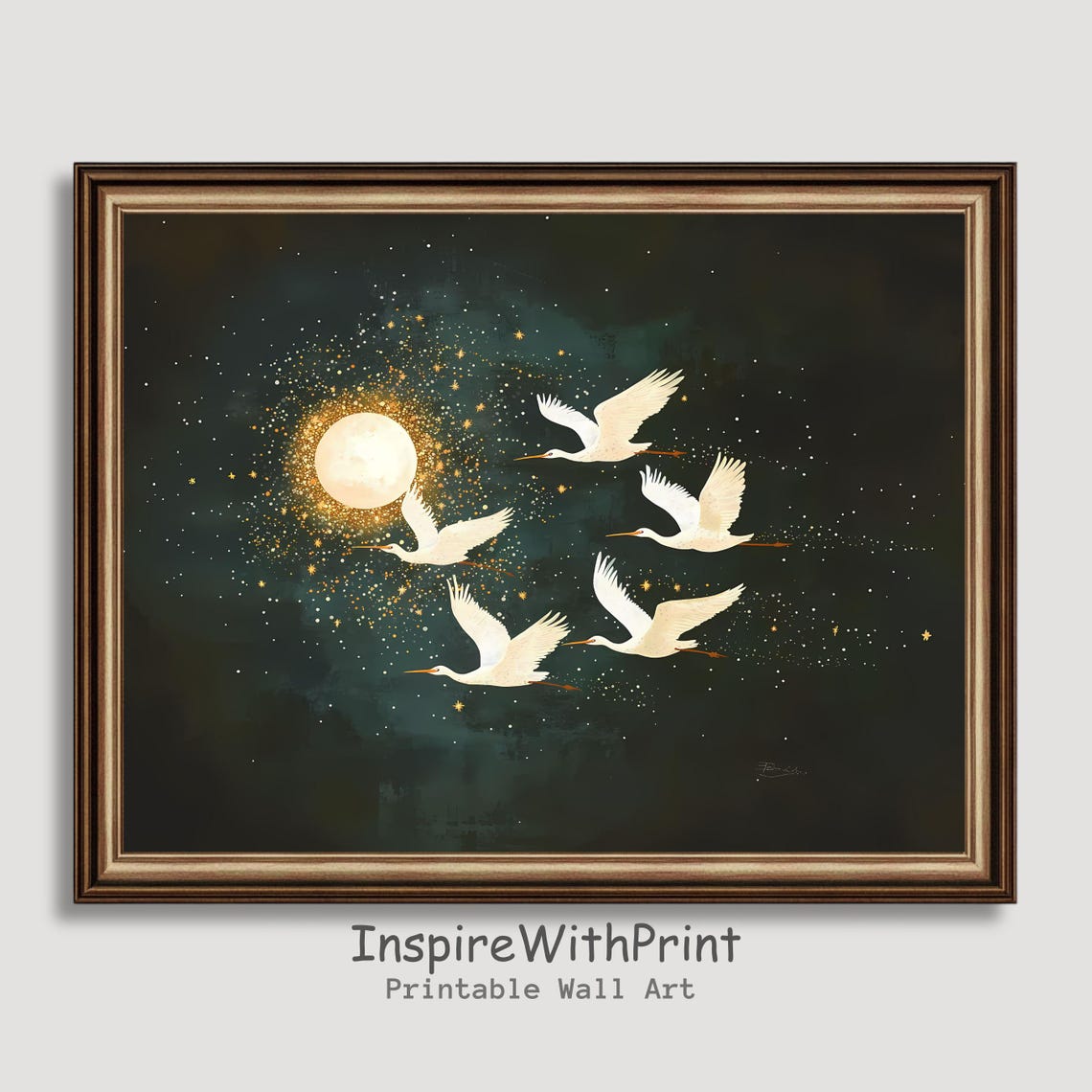 Flying White Cranes In Moonlight Starry Night Japandi Wall Art
