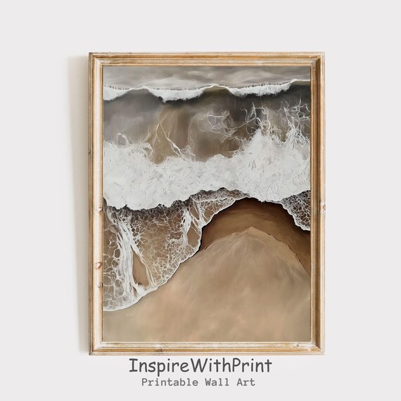 Aerial Beach Wave Foam Top Down View Minimalist Coastal Wall Art