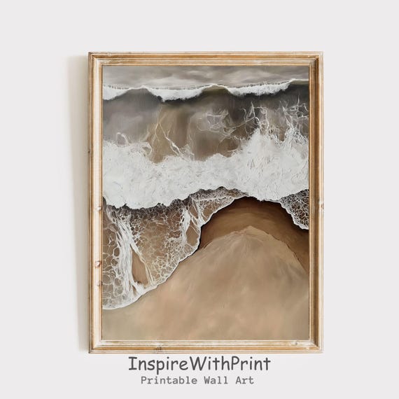 Rustic Coastal Landscape Wall Art Boho Beach Print Moody Ocean Wave Neutral Seascape Decor Waves Painting