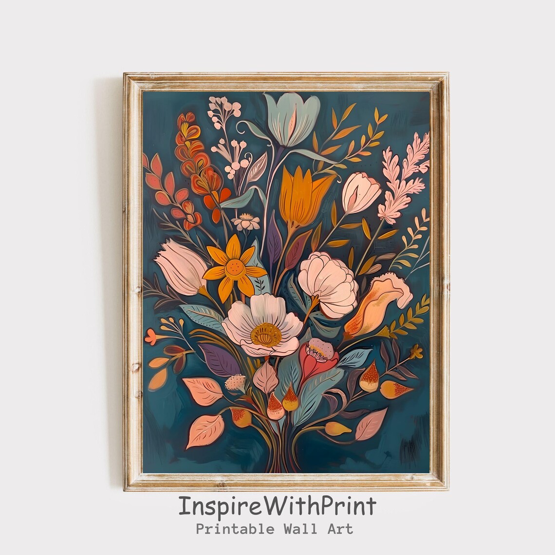 Golden Coral Tulip Bouquet on Teal Vintage Botanical Flower Poster