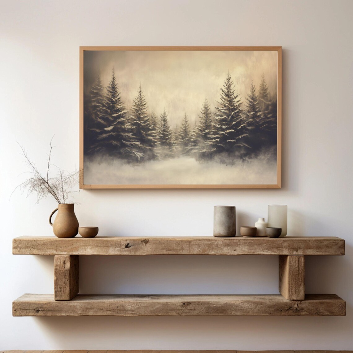 Misty Foggy Pine Forest Sepia Moody Winter Landscape Art Poster