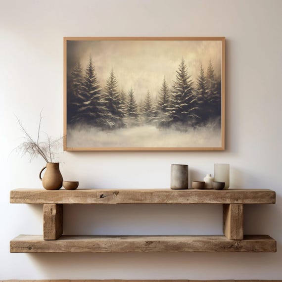Foggy Pine Tree Forest Print Rustic Oil Painting Misty Dark Winter Landscape Moody Wall Decor